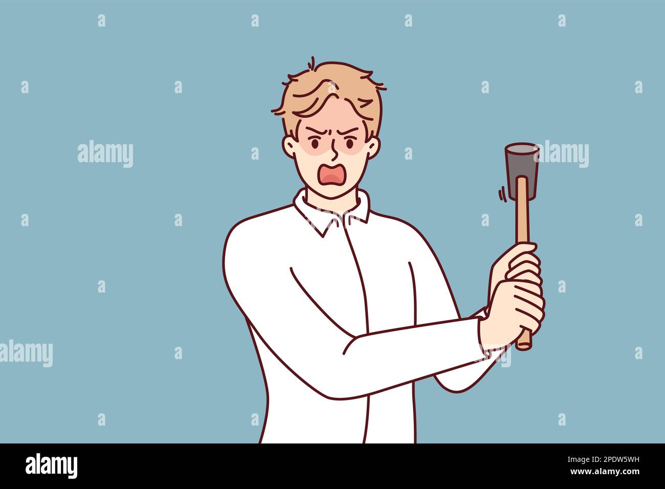 Der Verrückte droht mit dem Hammer zu schlagen und schreit unter psychischen Störungen, die Aggression und Nervosität verursachen. Führungskraft mit Hammer, die Strenge und Aggression gegenüber Mitarbeitern symbolisiert Stock Vektor