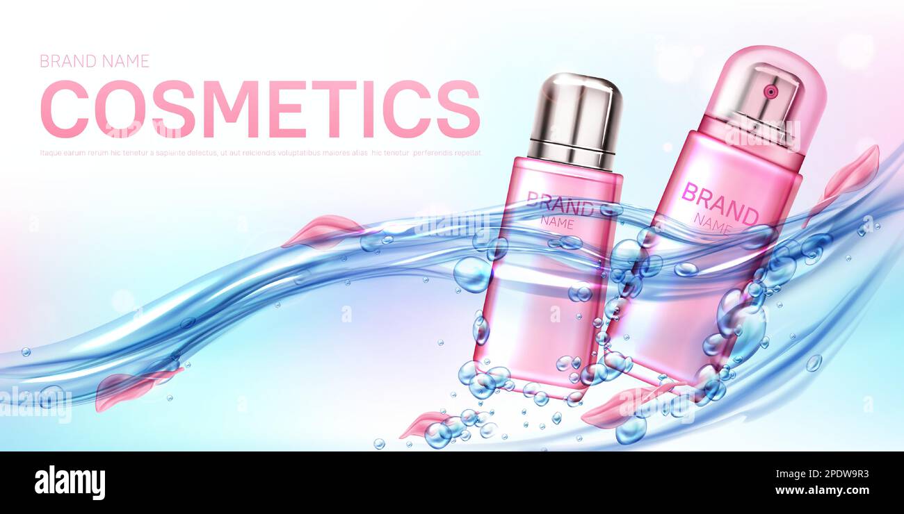 Kosmetische Feuchtigkeitspräparate im Wasserfluss, Blütenblätter realistische Vektorposter. Pink elegante Sprühflasche für weibliches Deodorant, Parfüm schwimmt in sprudelndem Wasser mit Luftblasen, Linsenerleuchtung Stock Vektor