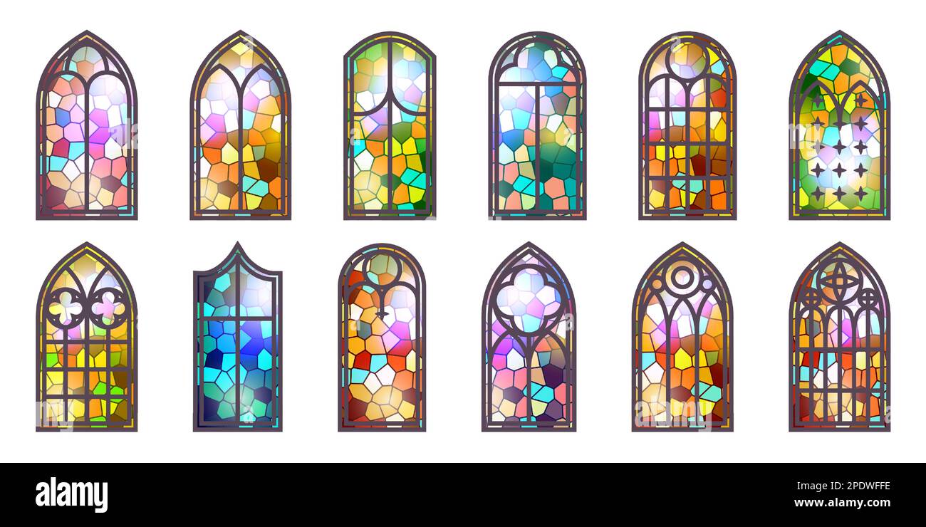 Gotische Buntglasfenster. Mittelalterliche Bögen der Kirche. Mosaikrahmen der katholischen Kathedrale. Altes Architekturdesign. Vektorsatz Stock Vektor
