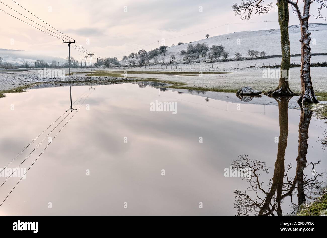 Felder, die zum Weiden von Schafen verwendet werden, die vom Fluss Aire überflutet und mit Schnee bedeckt sind, sodass klare Reflexionen im Hochwasser entstehen Stockfoto