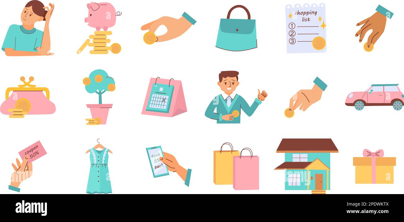 Flache Symbole für Budgets der Familie Financial Planning, die mit verschiedenen Ausgabenelementen eingerichtet sind, isolierte Vektordarstellungen Stock Vektor