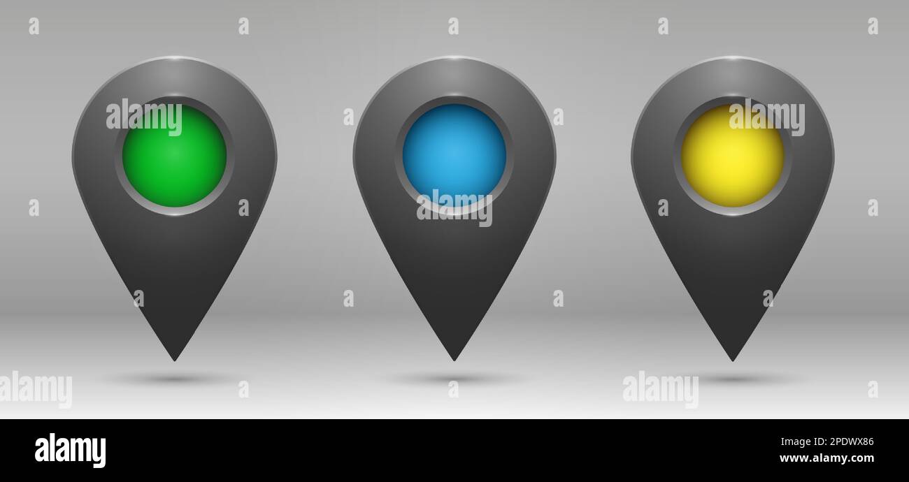 Realistische graue Geolokationssymbole mit farbigen Einsätzen auf einem verlaufenden Hintergrund. Stock Vektor