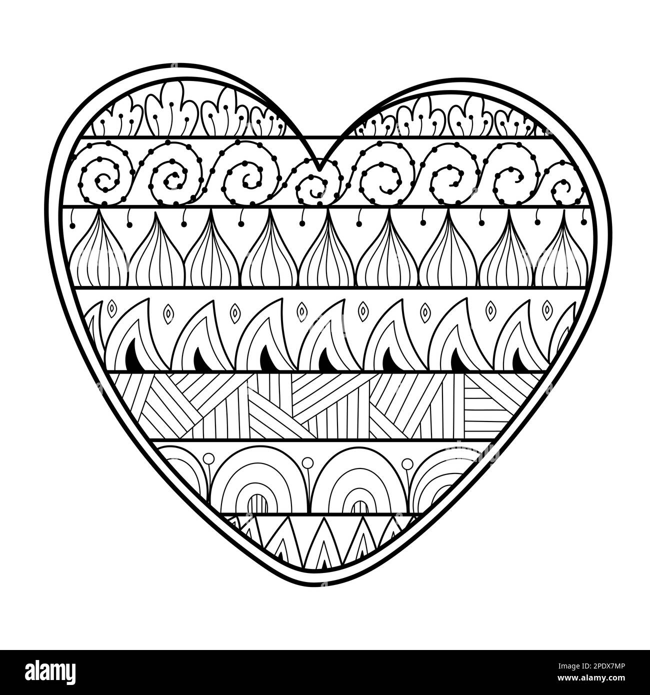 Doodle Heart Malseite. Schwarz-Weiß-Muster zum Valentinstag für Malbuch Stock Vektor