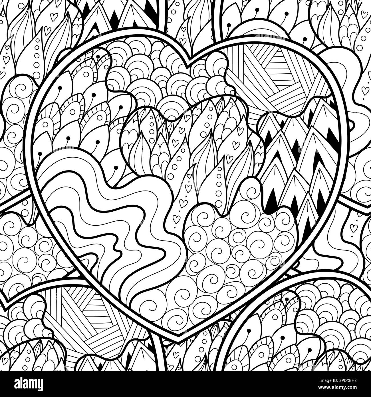 Doodle Hearts Schwarzweiß-Nahtloses Muster für Malbuch. Ich liebe Mandalas Hintergrund Stock Vektor