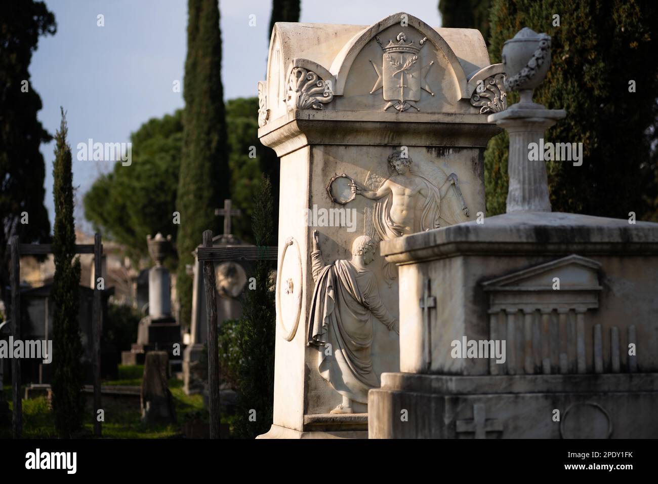 Der englische oder protestantische Friedhof in Florenz, Italien. Unter den Gräbern ist die der Dichterin Elizabeth Barrett Browning und Fanny Holman-Hunt Stockfoto