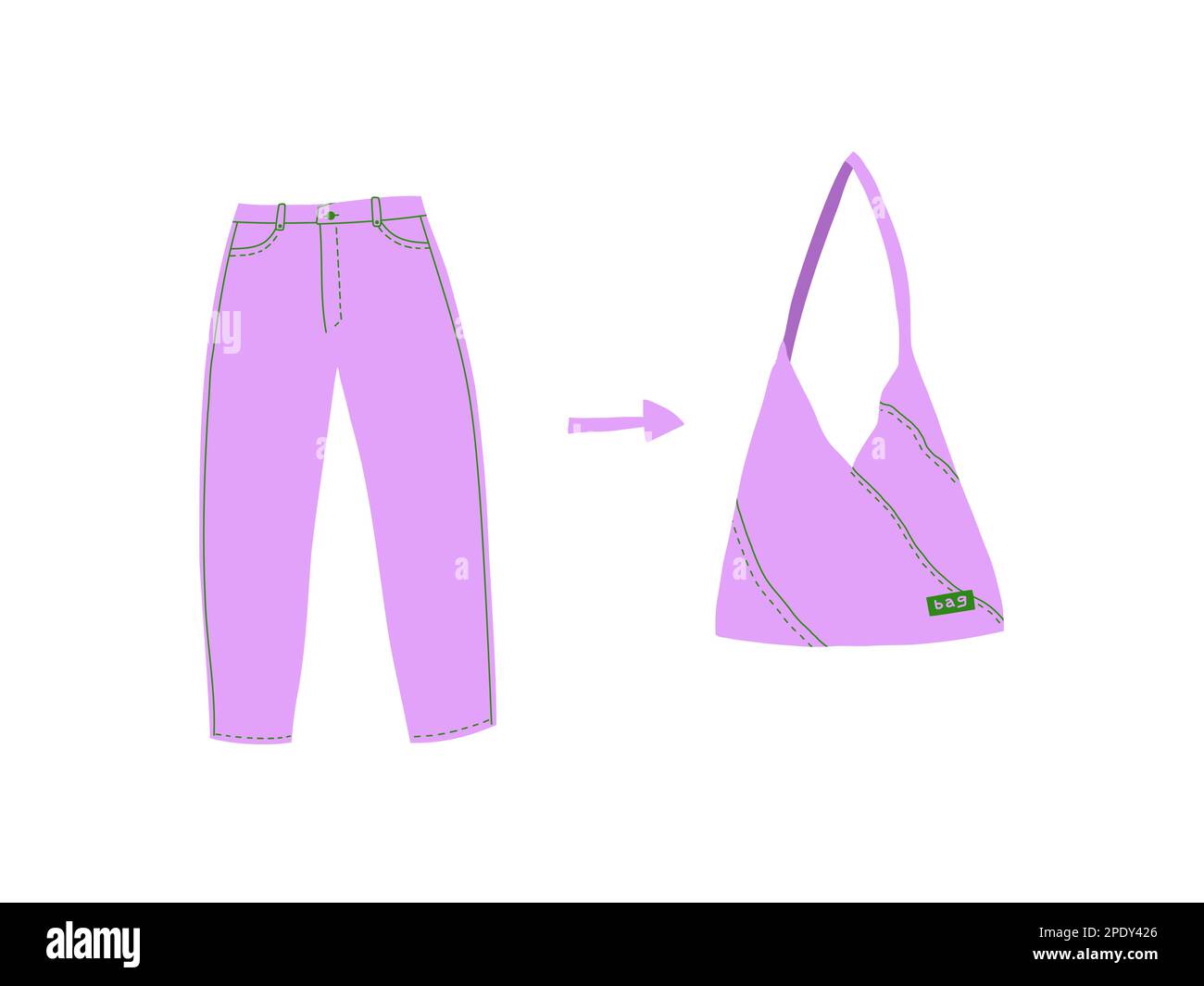 Upcycling-Konzept. Zweite Verwendung von Jeans in einer Tasche. Gruppe von auf weißem Hintergrund isolierten Profilelementen. Stock Vektor