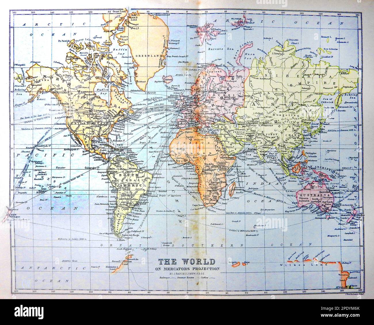Eine Karte der Welt aus dem späten 19. Jahrhundert mit den einzigen entdeckten Teilen der Antarktis. Stockfoto