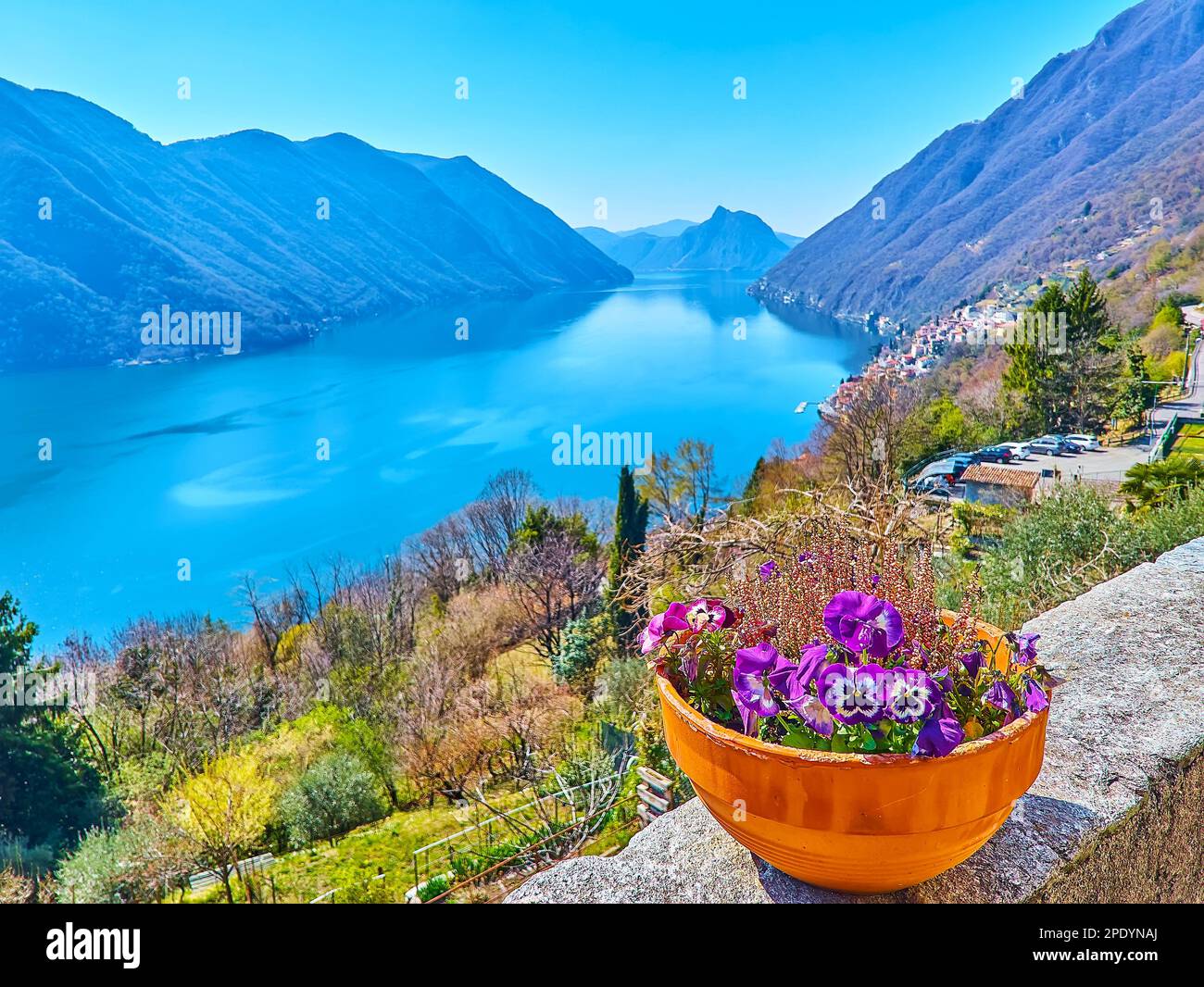 Der Aussichtspunkt der Castello-Bergsiedlung mit einem kleinen Topf violetter Pisser und Blick auf den blauen Luganer See und die Lepontinischen Alpen im Hintergrund, Stockfoto