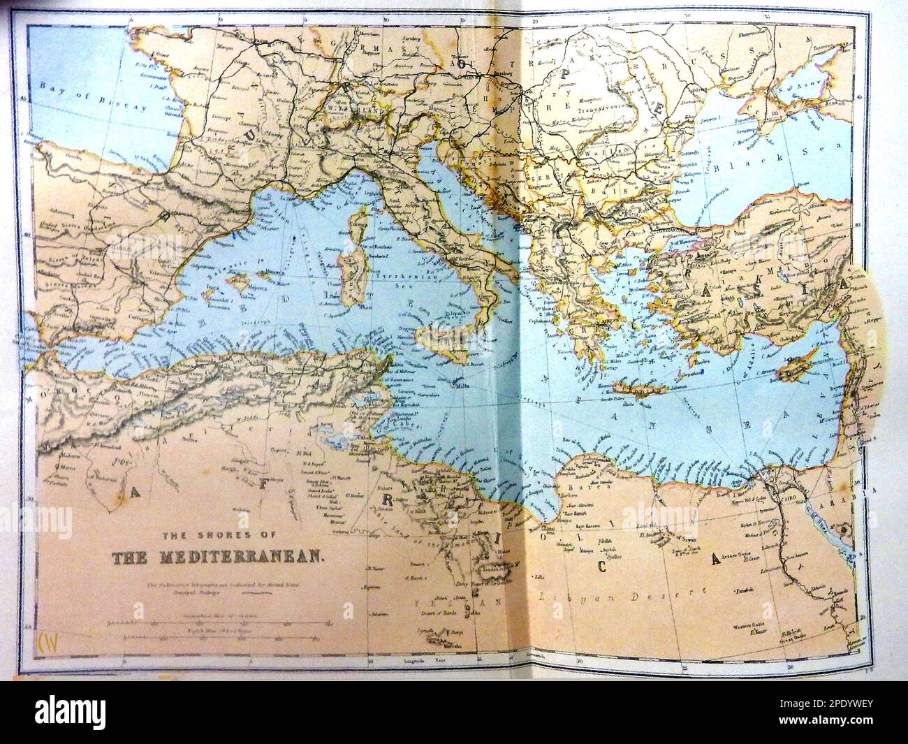 Eine farbige Karte des Mittelmeerraums aus dem späten 19. Jahrhundert. Stockfoto