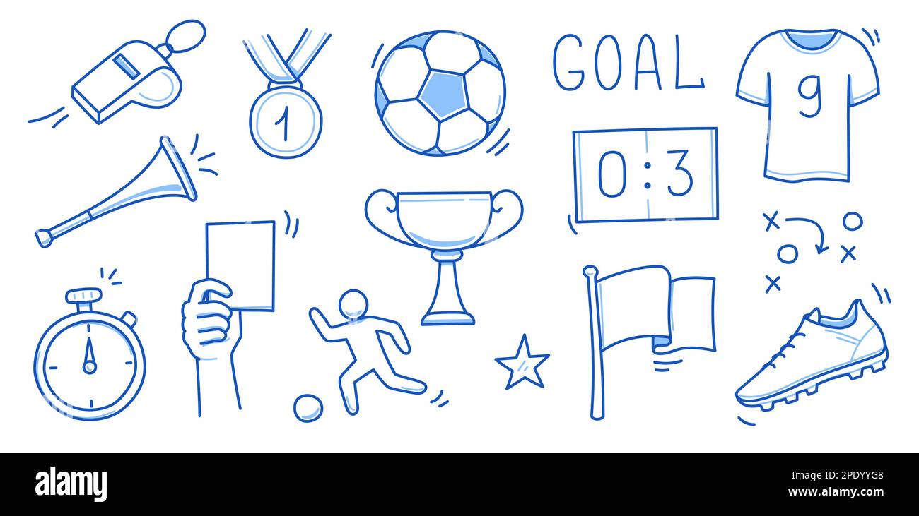 Doodle Fußball-Element-Set. Fußballtor, Pokal, Fußball handgezogene Linien, Ausrüstung im Skizzenstil. Vektordarstellung Stock Vektor