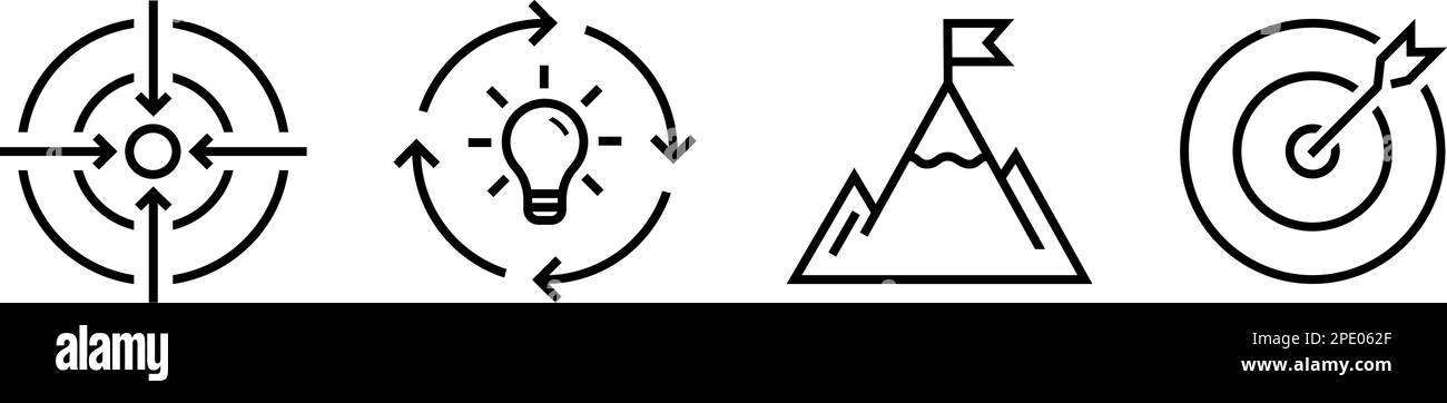 Lineare Symbole für die Geschäftsstrategie für persönliche Fokussierung, kreatives Denken und zielgerichtete Übungen Stock Vektor