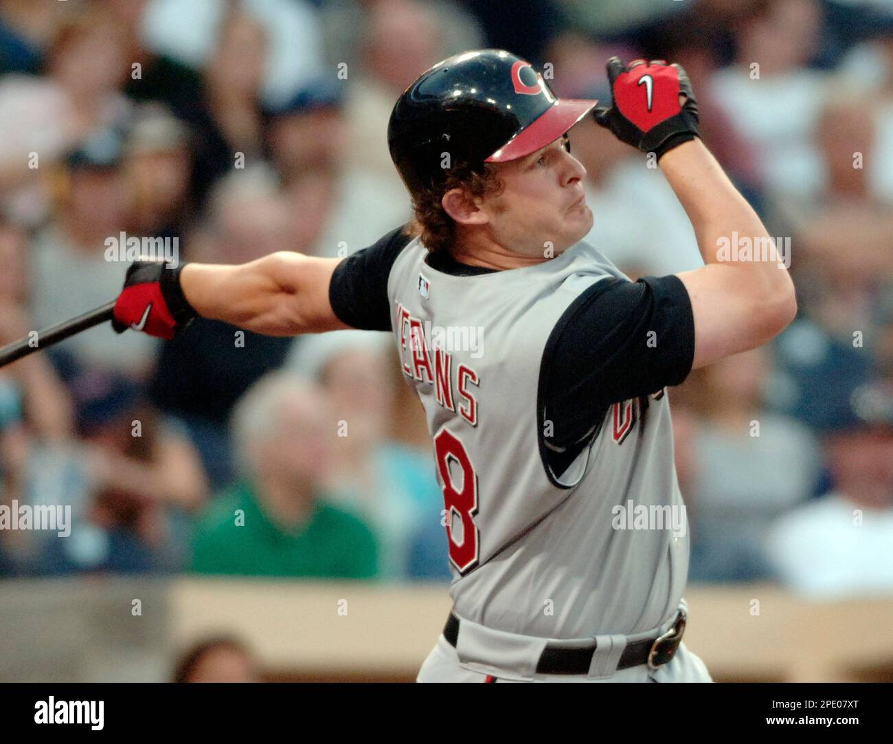 Cincinnati Reds' Austin Kearns follows though on an RBI triple hit off of San Diego Padres Pedro Astacio during the second inning Saturday July 30, 2005 in San Diego. (AP Photo/Denis Poroy) Stockfoto