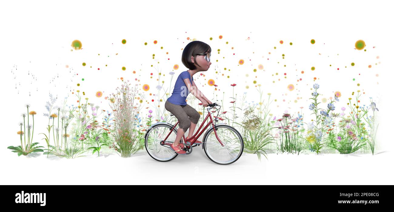3D Darstellung der Frühjahrsallergie mit Pollen, die in der Luft schweben. Junge Frau mit Brille, die mit dem Fahrrad zwischen Pflanzen und Blumen fährt. Stockfoto