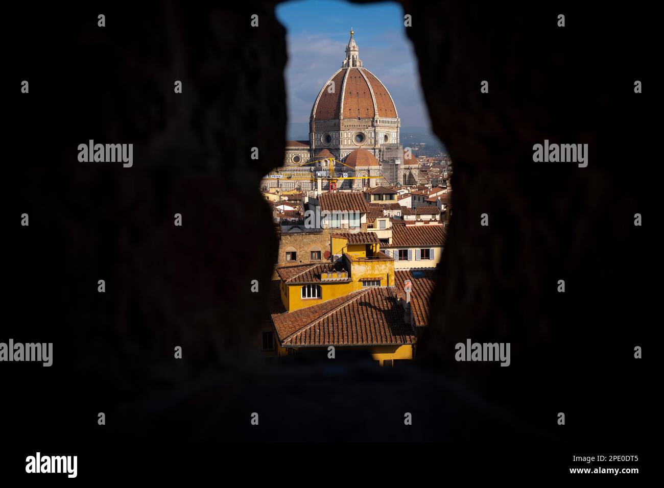 Die Kathedrale von Florenz und der Giotto-Turm aus Sicht des Rathausturms, Palazzo Vecchio in Florenz, Italien Stockfoto