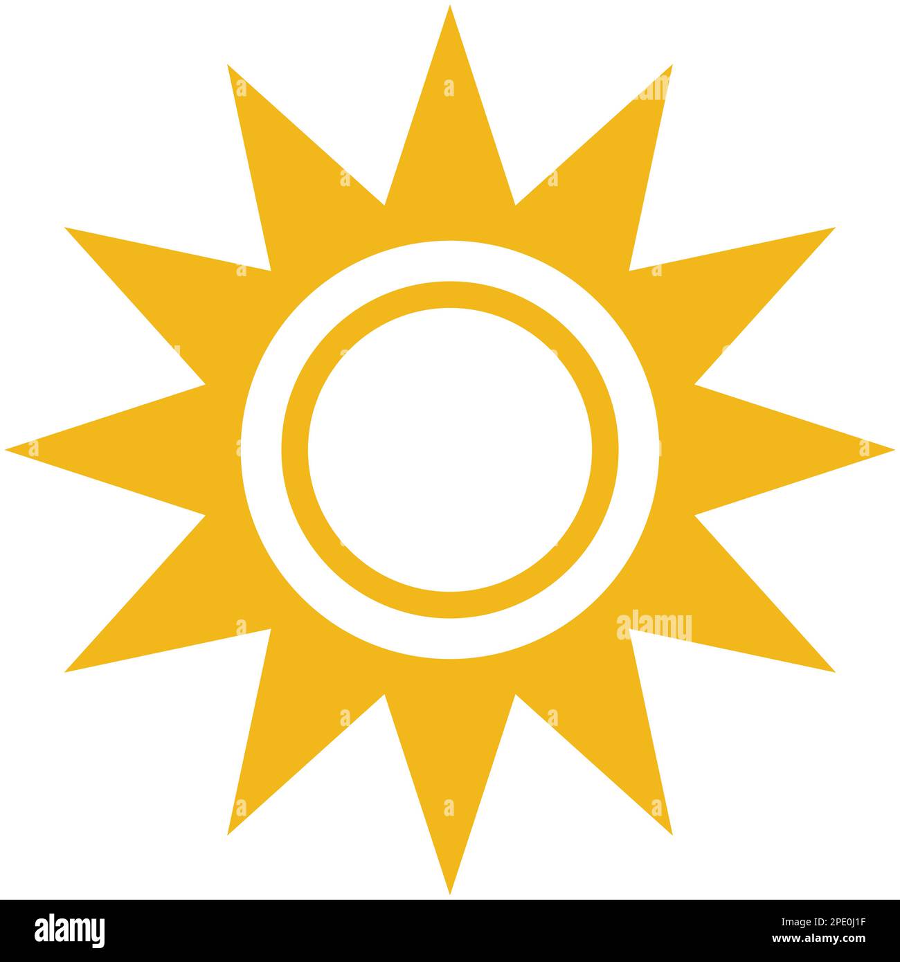 Sonnensymbol, gelb, flaches Vektordesign mit Sternen. Sommer, Sonnenlicht, Natur, Himmelssymbol isoliert auf weißem Hintergrund. Stock Vektor