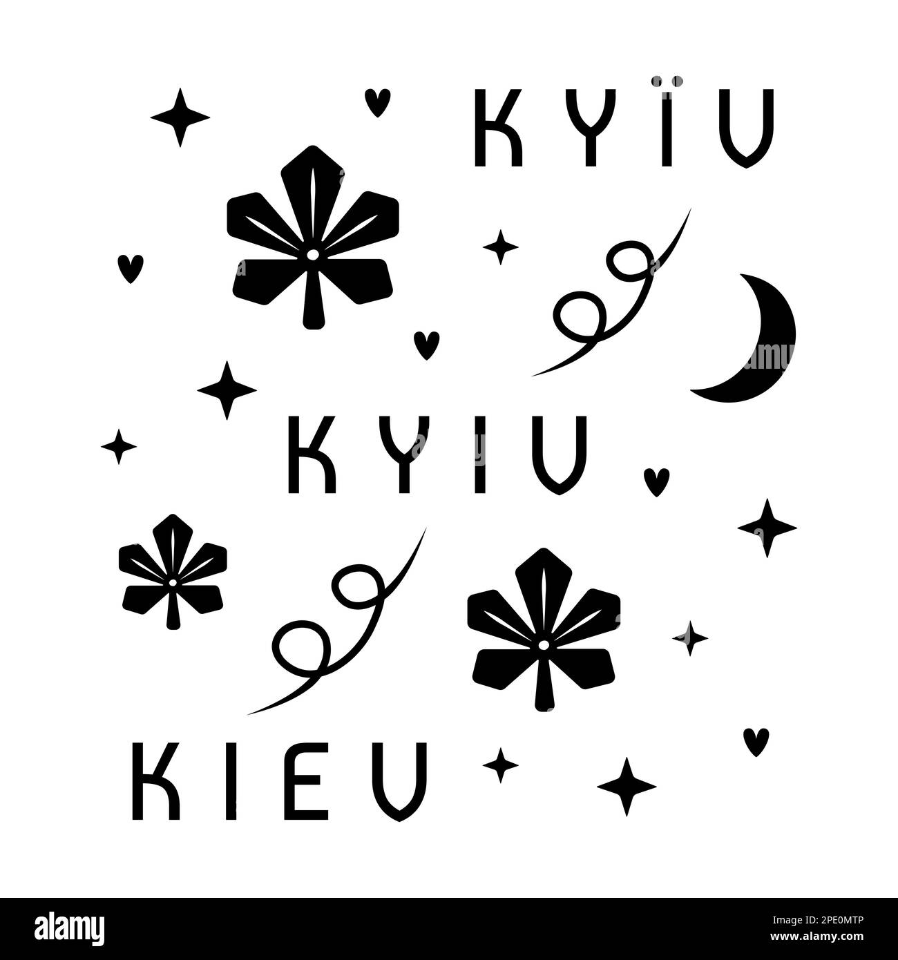 Kiew-Nachtdruck, Buchstaben und Symbole, schwarze Vektordarstellung Stock Vektor