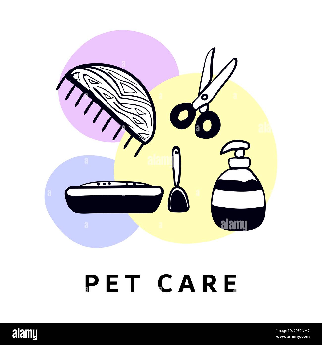 Haustierpflegeprodukte und Text, Zusammensetzung der Elementen Stock Vektor