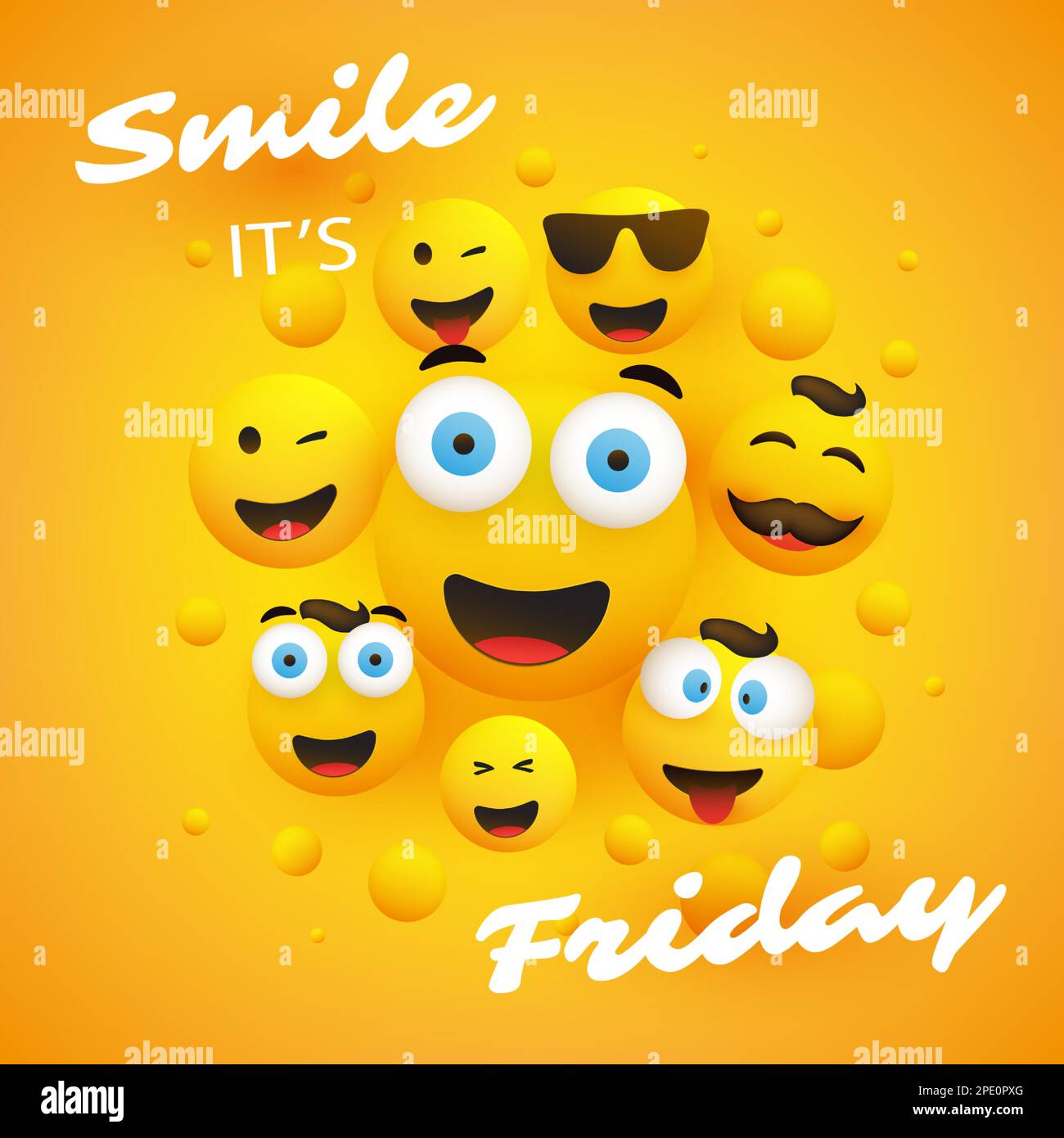 Lächeln! Es ist Freitag - Bannerdesign mit einer Gruppe verschiedener Arten von Emoji Stock Vektor