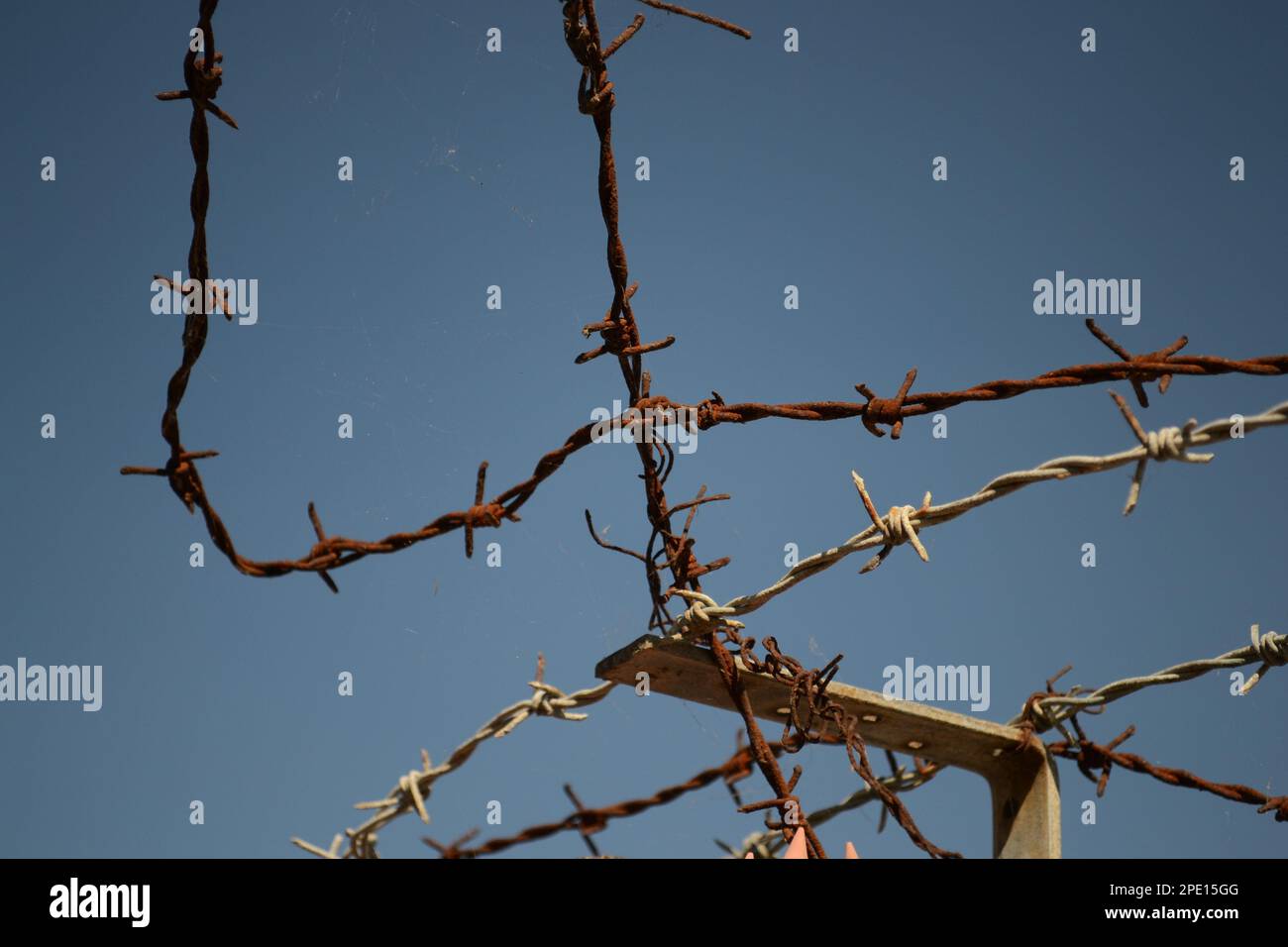 Nahaufnahme des verrosteten Stacheldrahts Stockfoto