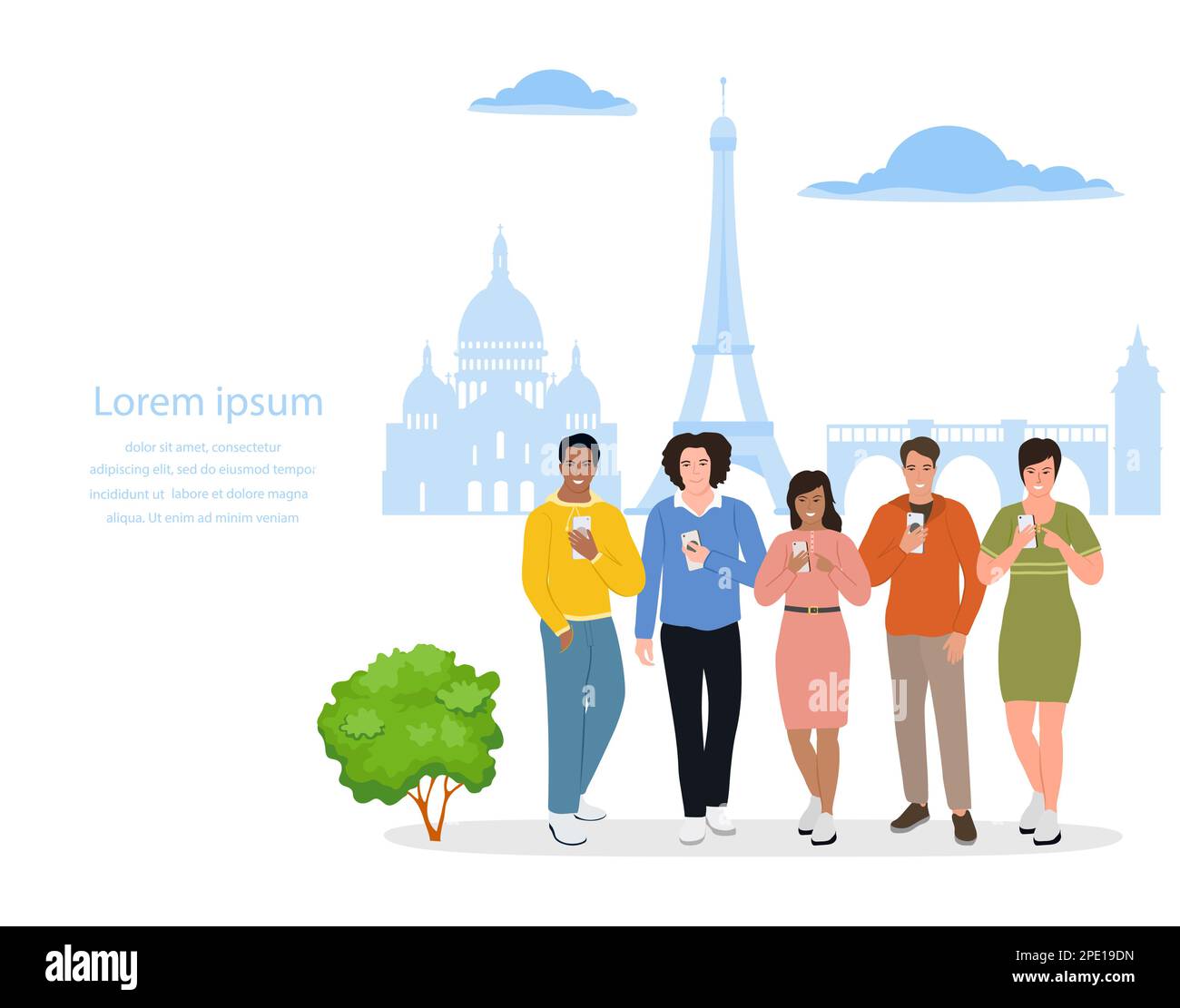Vector Illustration Männer, Frauen benutzen Handys. Tourist. Die Leute machen Fotos, Selfies. Frankreich Europa Sommerurlaub. Reise- und Abenteuerkonzept. Tou Stock Vektor