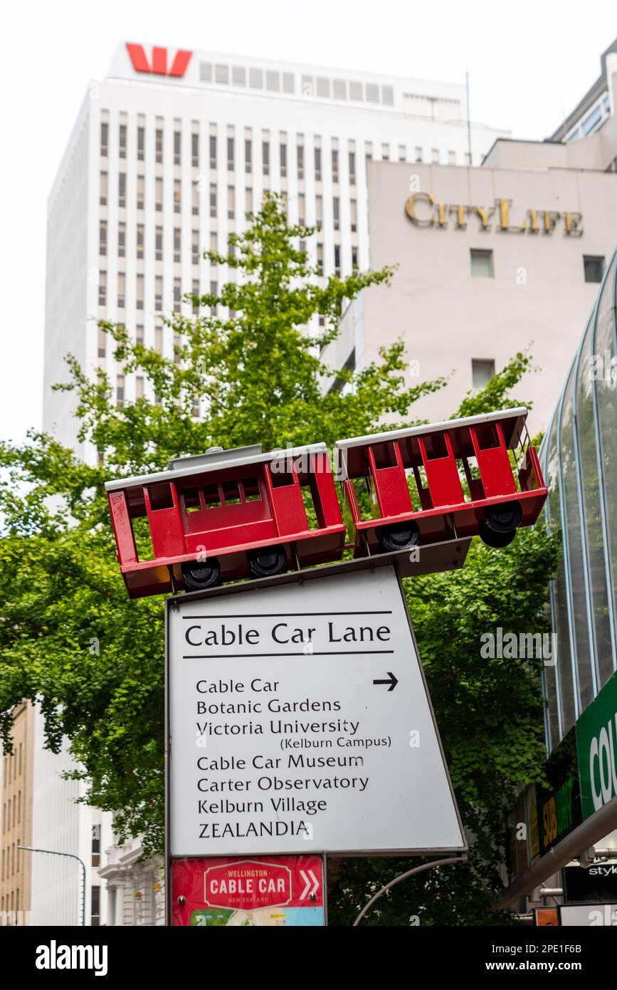 Wellington Cable Car-Schild, Seilbahn in Wellington, Neuseeland, am Lambton Quay, Haupteinkaufsstraße und Finanzzentrum. Attraktionen Stockfoto