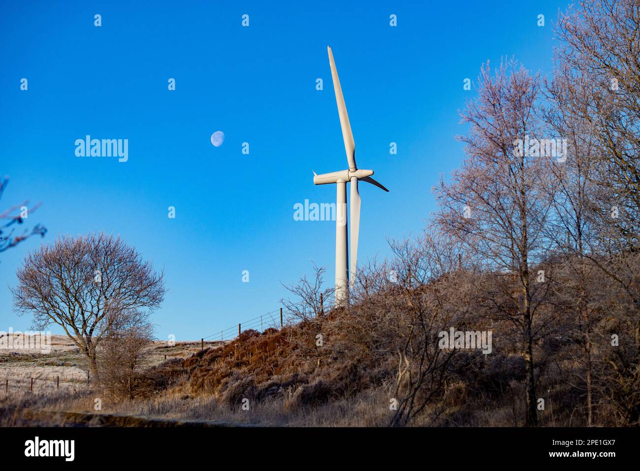 A Wind Turbine and Moon, Lambrigg Wind Farm, Kendal, Cumbria, UK, Stockfoto