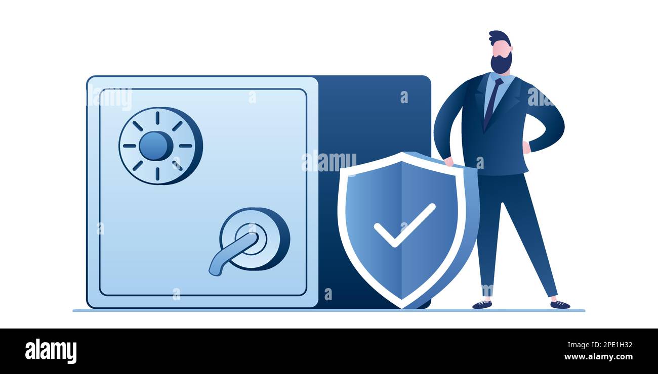 Geschlossenes Schließfach und Geschäftsmann oder Bankangestellter mit Sicherheitsschild. Stahlsafe und Manager isoliert auf weißem Hintergrund. Sichere Bank oder Abriss Stock Vektor
