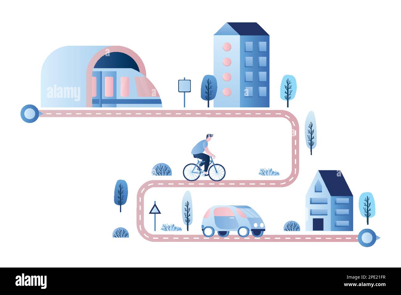 Verschiedene städtische Verkehrsmittel. U-Bahn, Auto und männlich auf dem Fahrrad. Moderne Gebäude und Pflanzen. Vorlage für Transporthintergrund. Trendige Vektorillustratio Stock Vektor