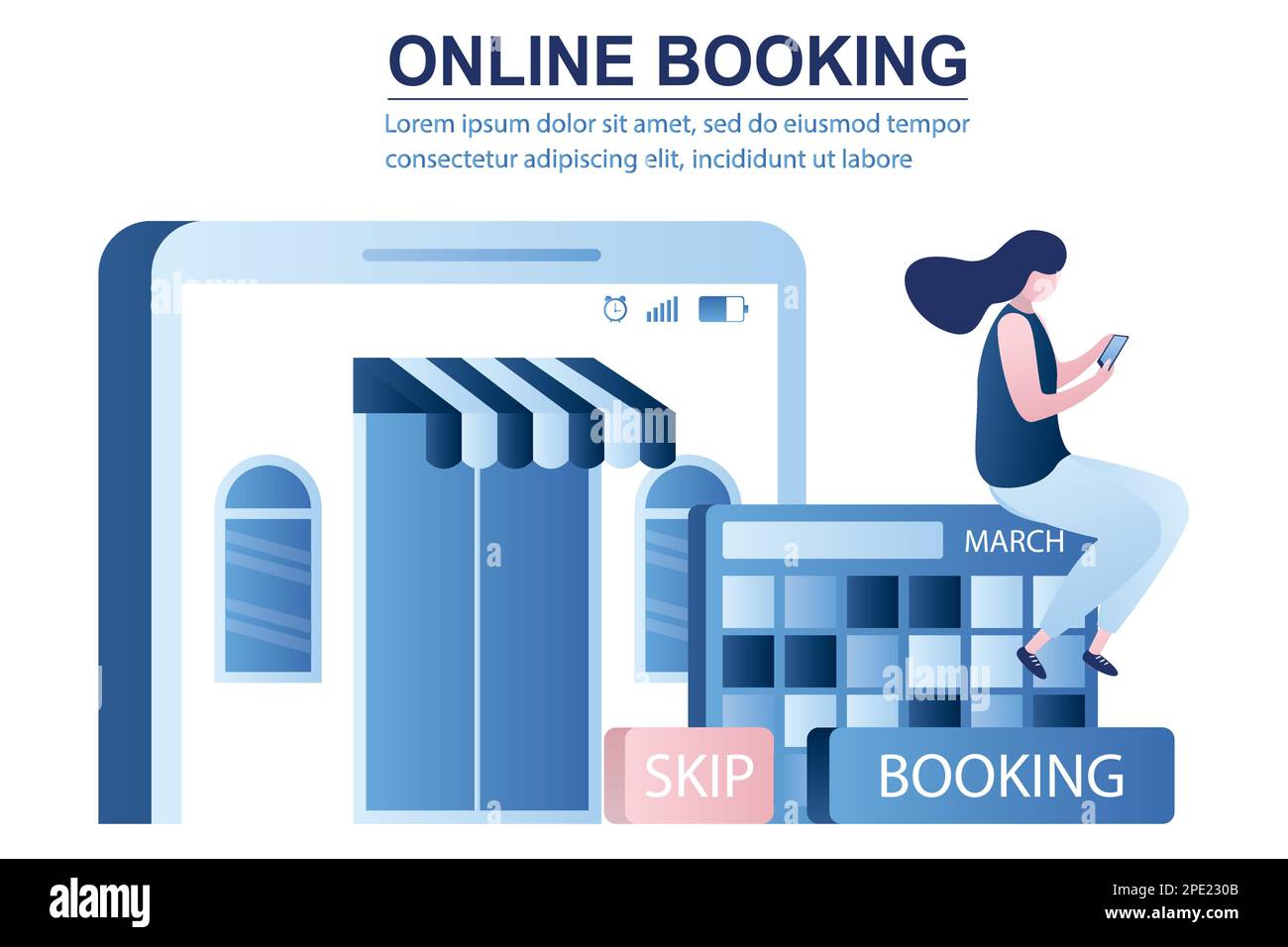 Online-Buchung von Hotels oder Apartments. Weibliche Figur im Kalender und Reservierungszimmer. Webseitenvorlage. Trendige Vektordarstellung Stock Vektor