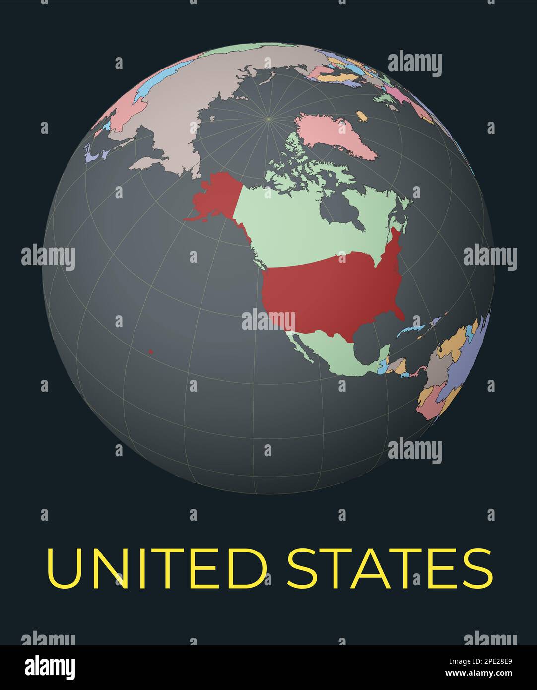 Weltkarte mit Schwerpunkt auf den USA. Rotes Land hervorgehoben. Satellitenansicht der Welt mit dem Namen des Landes. Vektorabbildung. Stock Vektor
