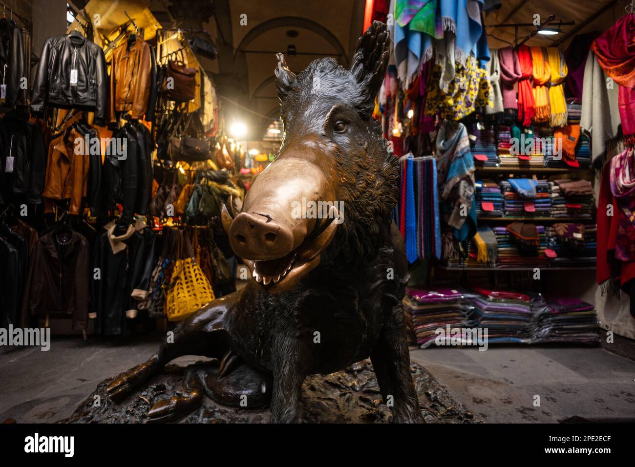 Il Porcellino ein bronzefarbener Wildschweinbrunnen in Florenz mit einer Schnauze, die roh von Besuchern eingerieben wurde, die Münzen darauf reiben, um für Glück in den Brunnen zu fallen. Stockfoto