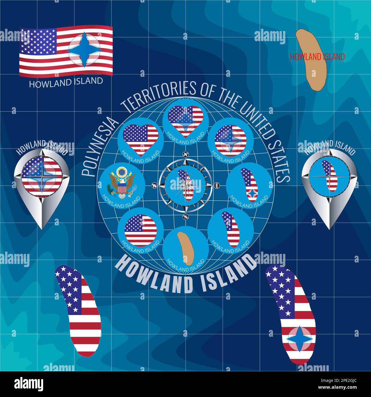 Abbildungen der Flagge, der Konturkarte, des Geldes, der Symbole der HOWLAND-INSEL. Territorien der Vereinigten Staaten. Reisekonzept. Stockfoto