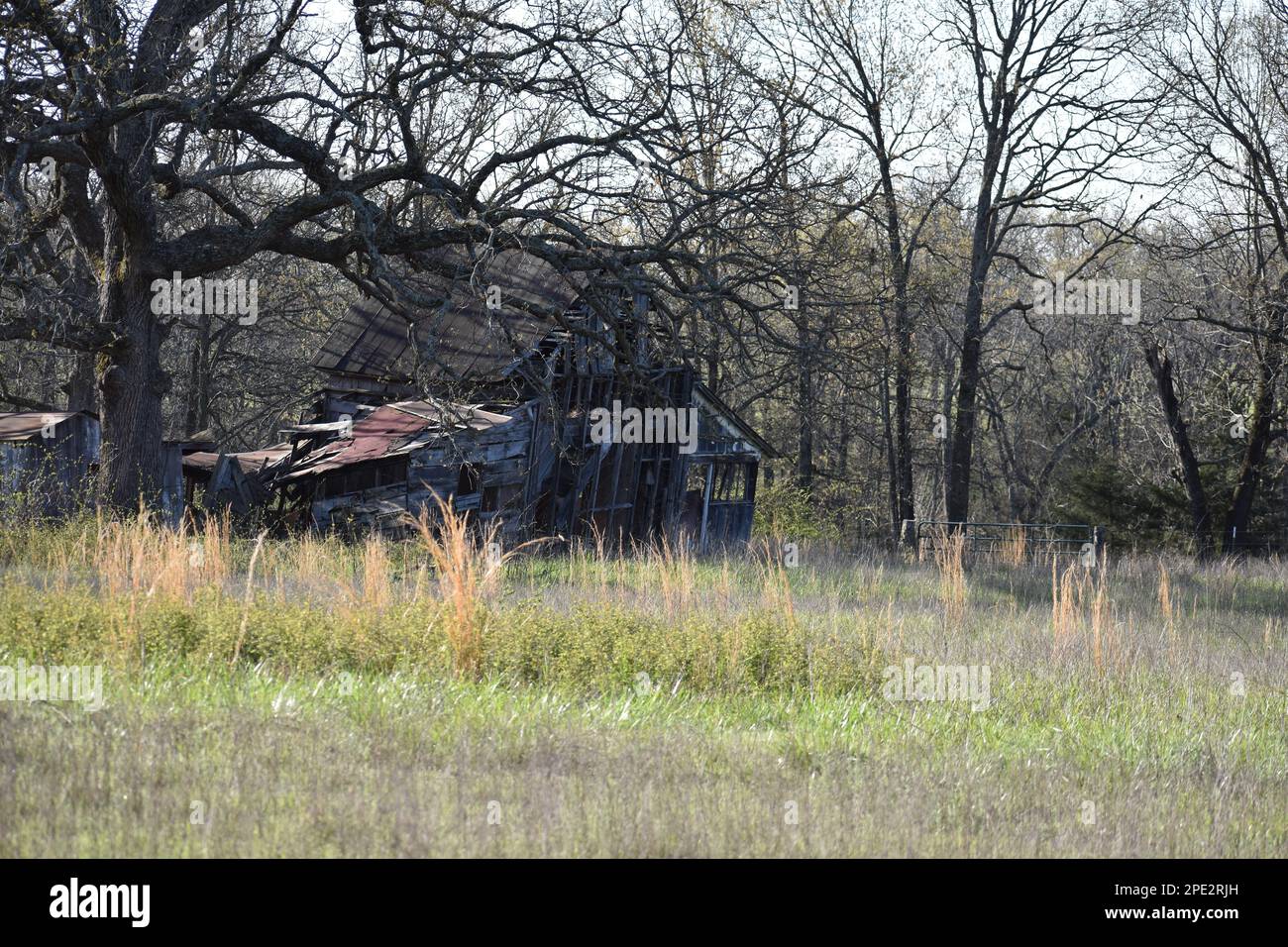 Ein altes verlassenes Gebäude auf einer Rinderfarm in Missouri, MO, USA, USA, Verlangsamt sich, wenn es der Zeit und den Elementen nachgibt. Stockfoto