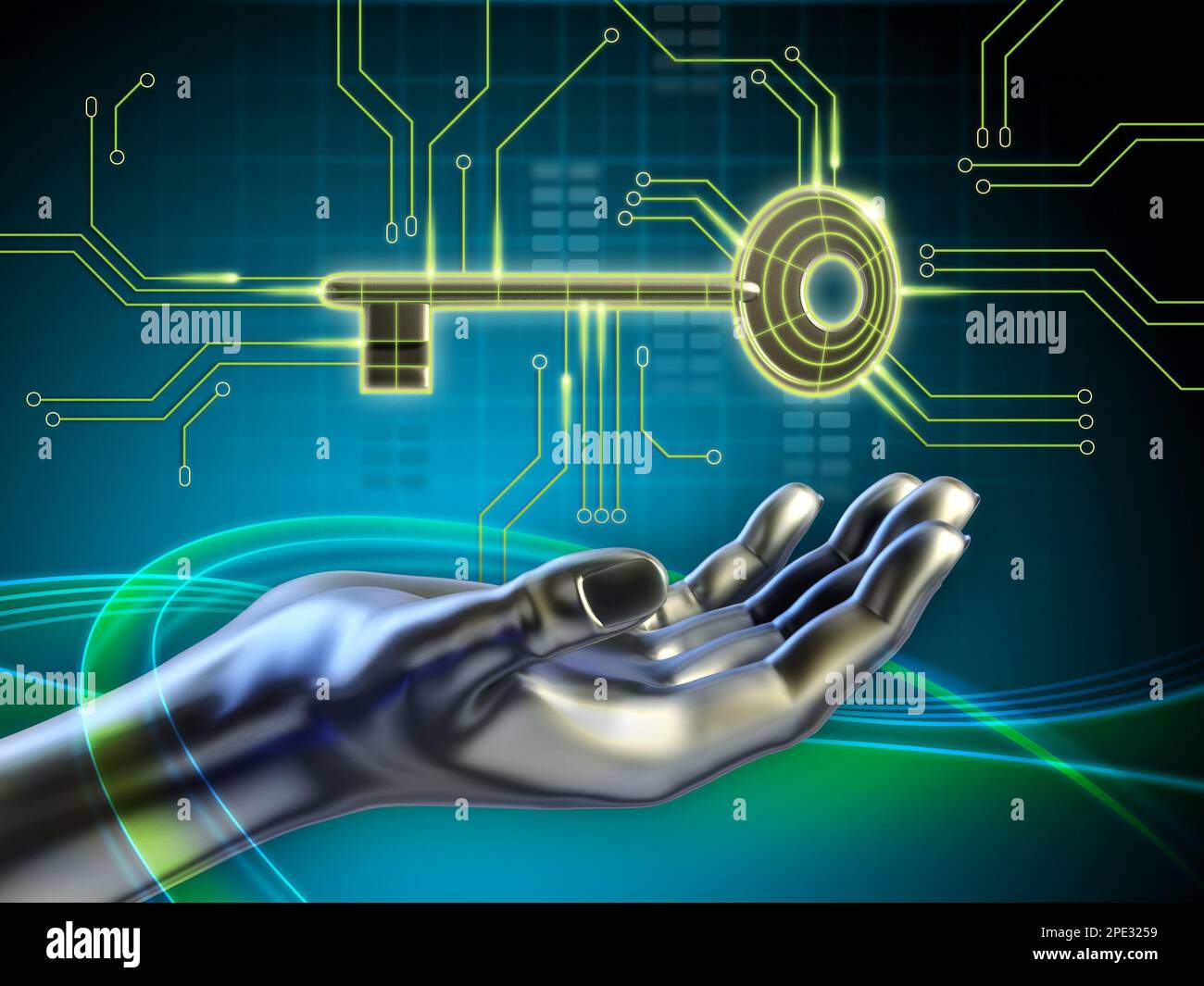 Ein Schlüssel, der mit einigen Schaltkreisen verbunden ist, und eine android-Hand, die danach greift. Digitale Illustration. Stockfoto