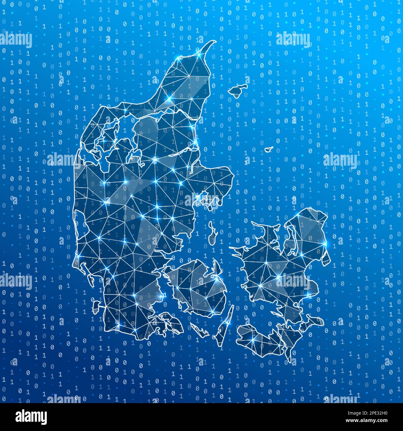 Netzwerkkarte von Dänemark. Landkarte der digitalen Verbindungen. Technologie, Internet, Netzwerk, Telekommunikationskonzept. Vektordarstellung. Stock Vektor