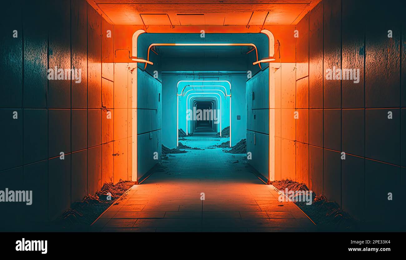 Beleuchteter Tunnel und Flur. Zweifarbig, blaugrün und orange leuchtendes Licht. Industriebau und Architektur. SCI-Fi, dramatische Beleuchtung, Bahnkorridor. Stockfoto