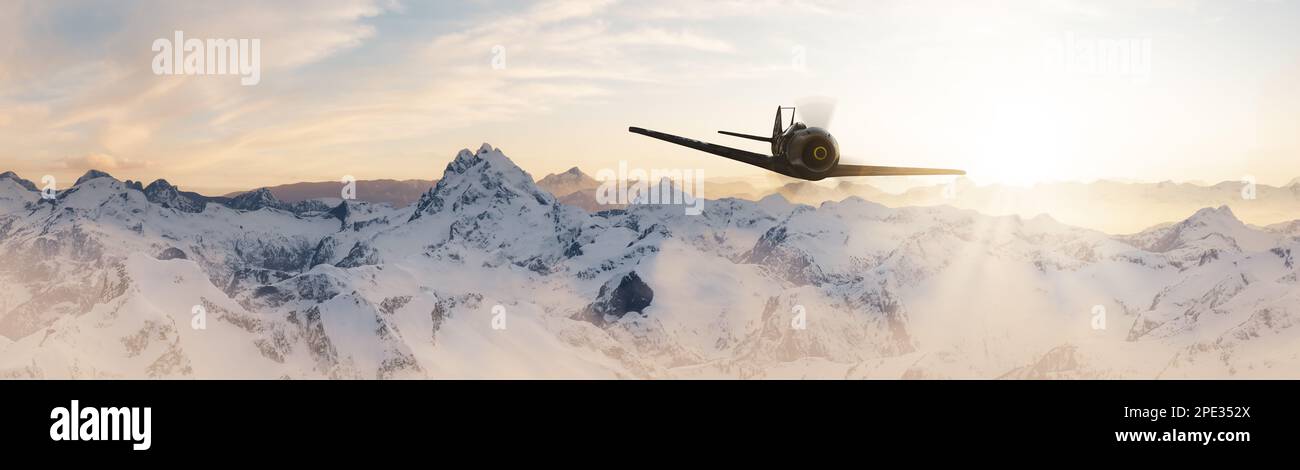 Ein altes Militärflugzeug, das über die Berggipfel fliegt. Stockfoto