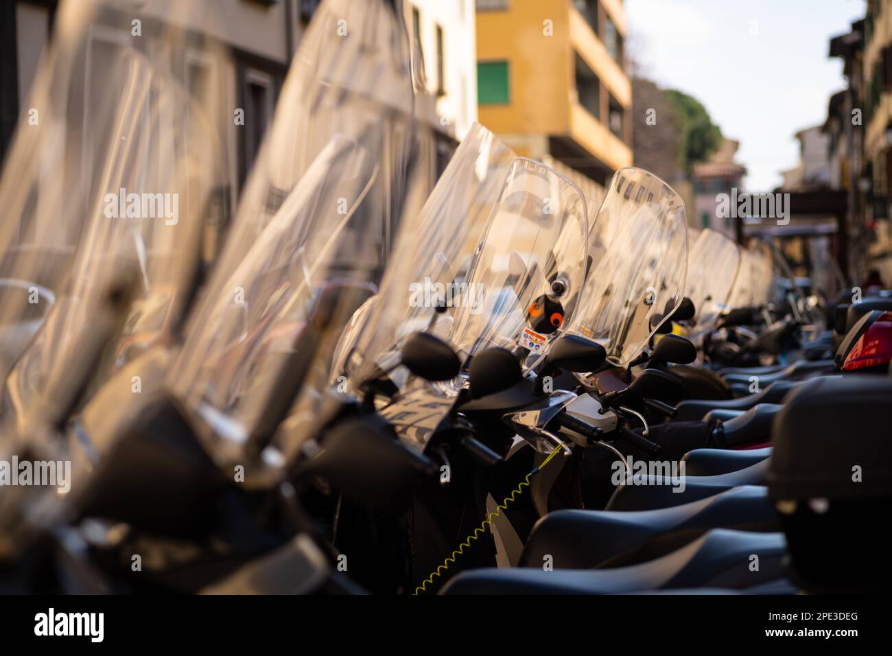 Mopeds und Motorroller auf den Straßen von Florenz in Italien. Stockfoto