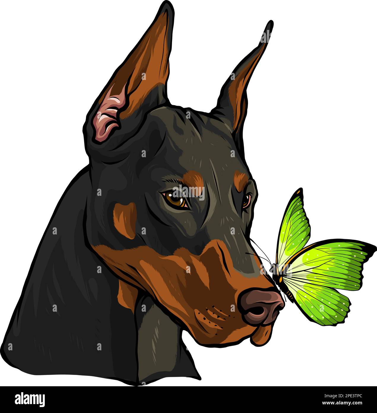 Dobermann-Hundegesicht mit Schmetterlingsvektordarstellung Stock Vektor
