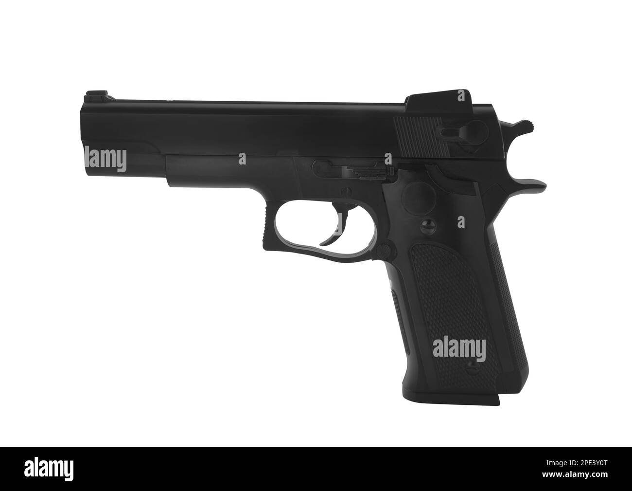 Schwarze Waffe isoliert auf weiß. Moderne Waffe Stockfoto