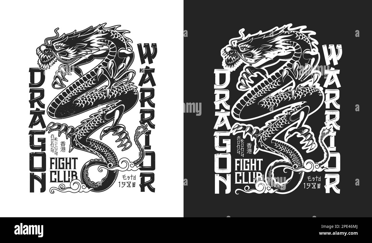 Chinesisches Drachen-Maskottchen, Fight Club-T-Shirt-Aufdruck, Kampfsport- und Sportmannschaftslogo. Boxen, Karate, Taekwondo oder Jiujitsu und Judo sp Stock Vektor