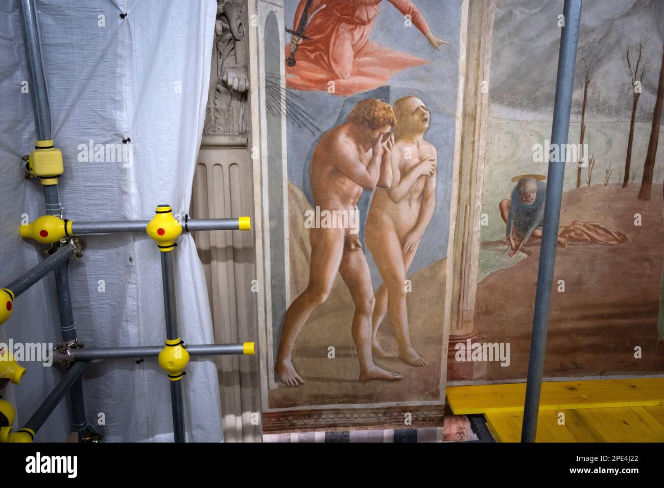 Restaurierungsarbeiten an den berühmten Fresken der Branacci-Kapelle in Florenz im Gange. Kleine, zeitlich begrenzte Führungen erlaubt inmitten des Gerüsts Stockfoto