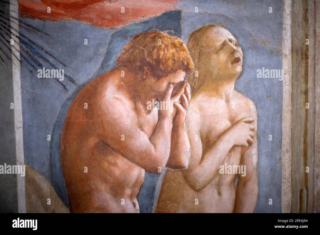 Restaurierungsarbeiten an den berühmten Fresken der Branacci-Kapelle in Florenz im Gange. Kleine, zeitlich begrenzte Führungen erlaubt inmitten des Gerüsts Stockfoto