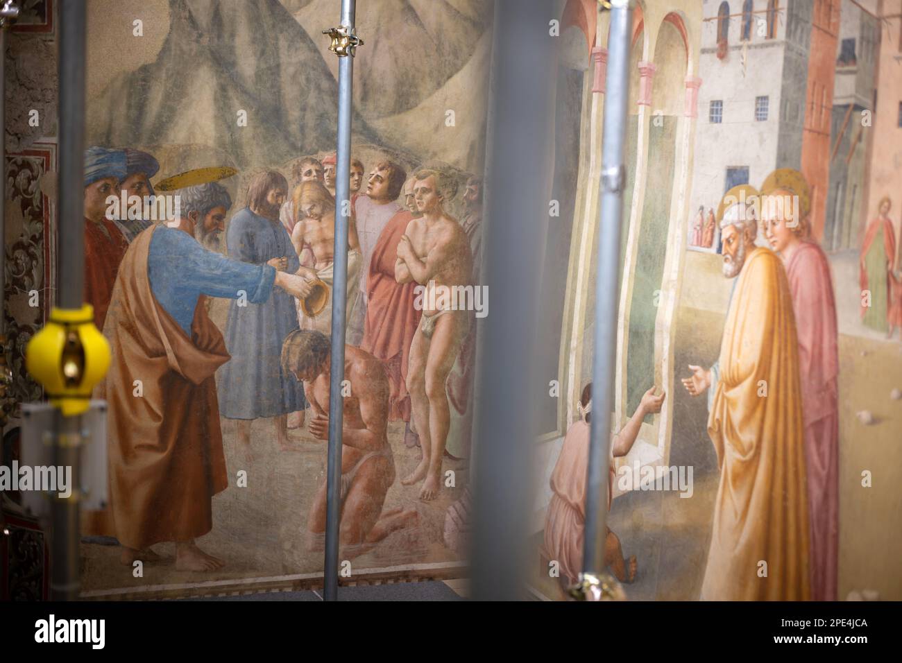 Restaurierungsarbeiten an den berühmten Fresken der Branacci-Kapelle in Florenz im Gange. Kleine, zeitlich begrenzte Führungen erlaubt inmitten des Gerüsts Stockfoto