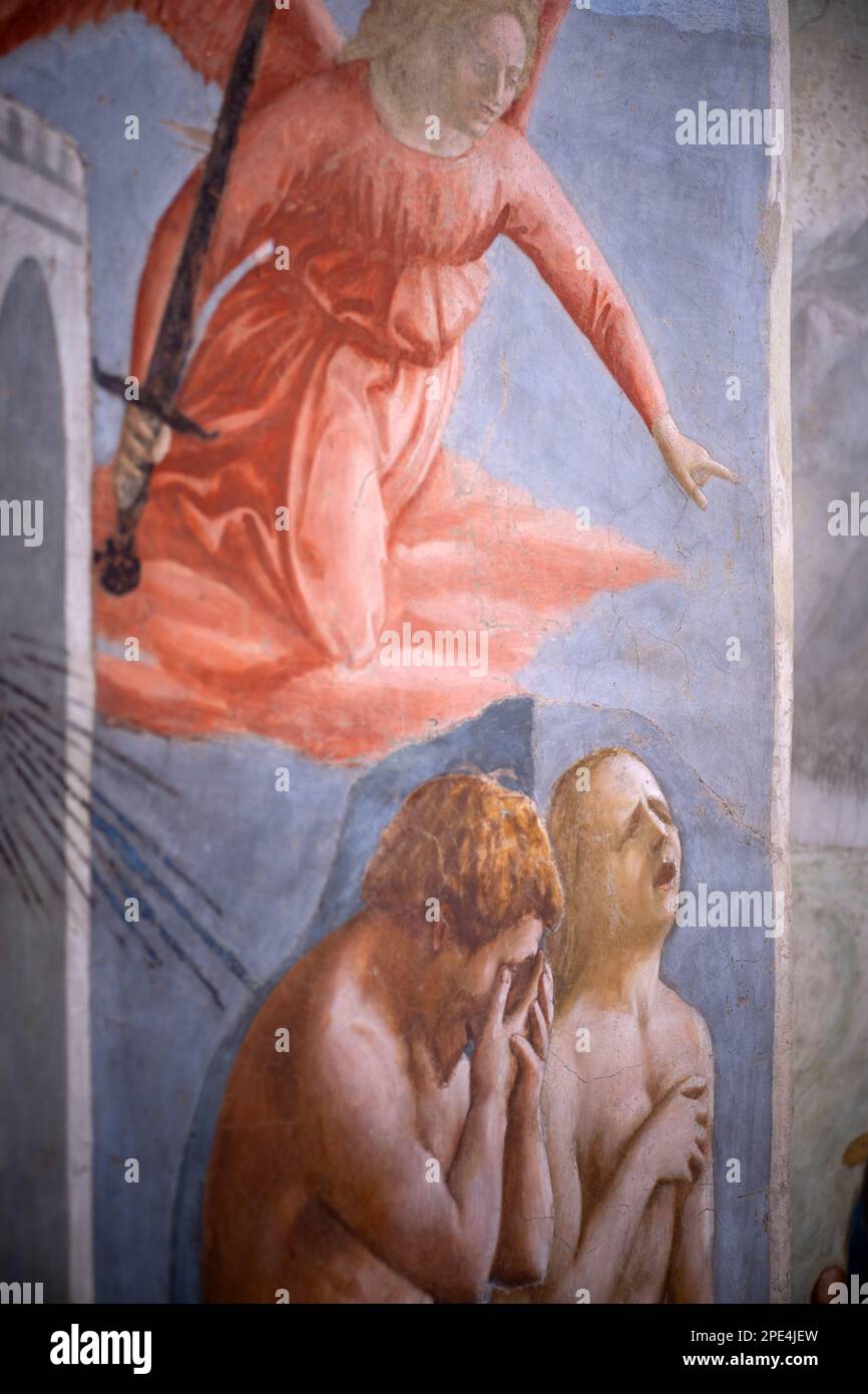 Restaurierungsarbeiten an den berühmten Fresken der Branacci-Kapelle in Florenz im Gange. Kleine, zeitlich begrenzte Führungen erlaubt inmitten des Gerüsts Stockfoto