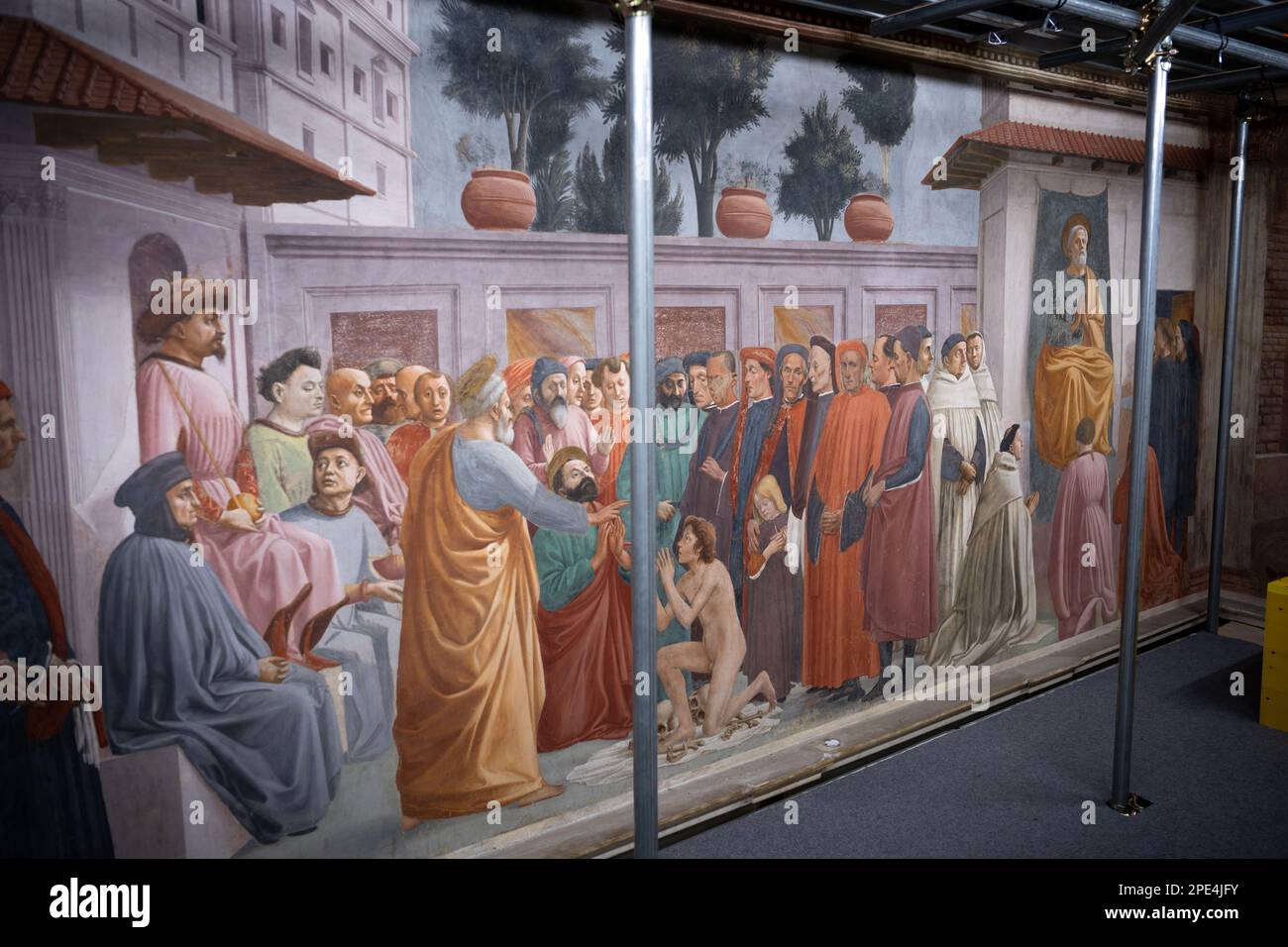 Restaurierungsarbeiten an den berühmten Fresken der Branacci-Kapelle in Florenz im Gange. Kleine, zeitlich begrenzte Führungen erlaubt inmitten des Gerüsts Stockfoto