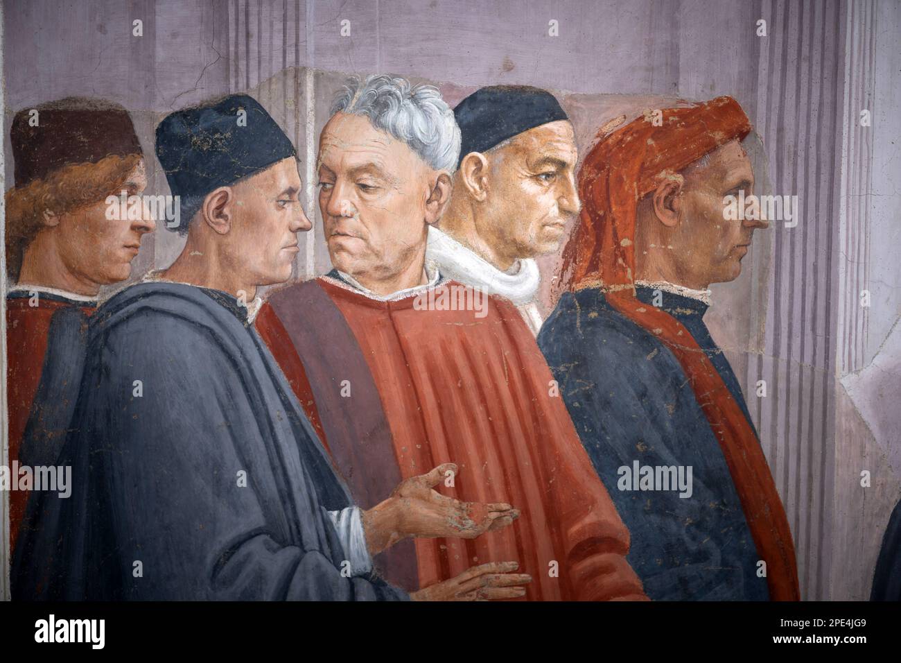 Restaurierungsarbeiten an den berühmten Fresken der Branacci-Kapelle in Florenz im Gange. Kleine, zeitlich begrenzte Führungen erlaubt inmitten des Gerüsts Stockfoto