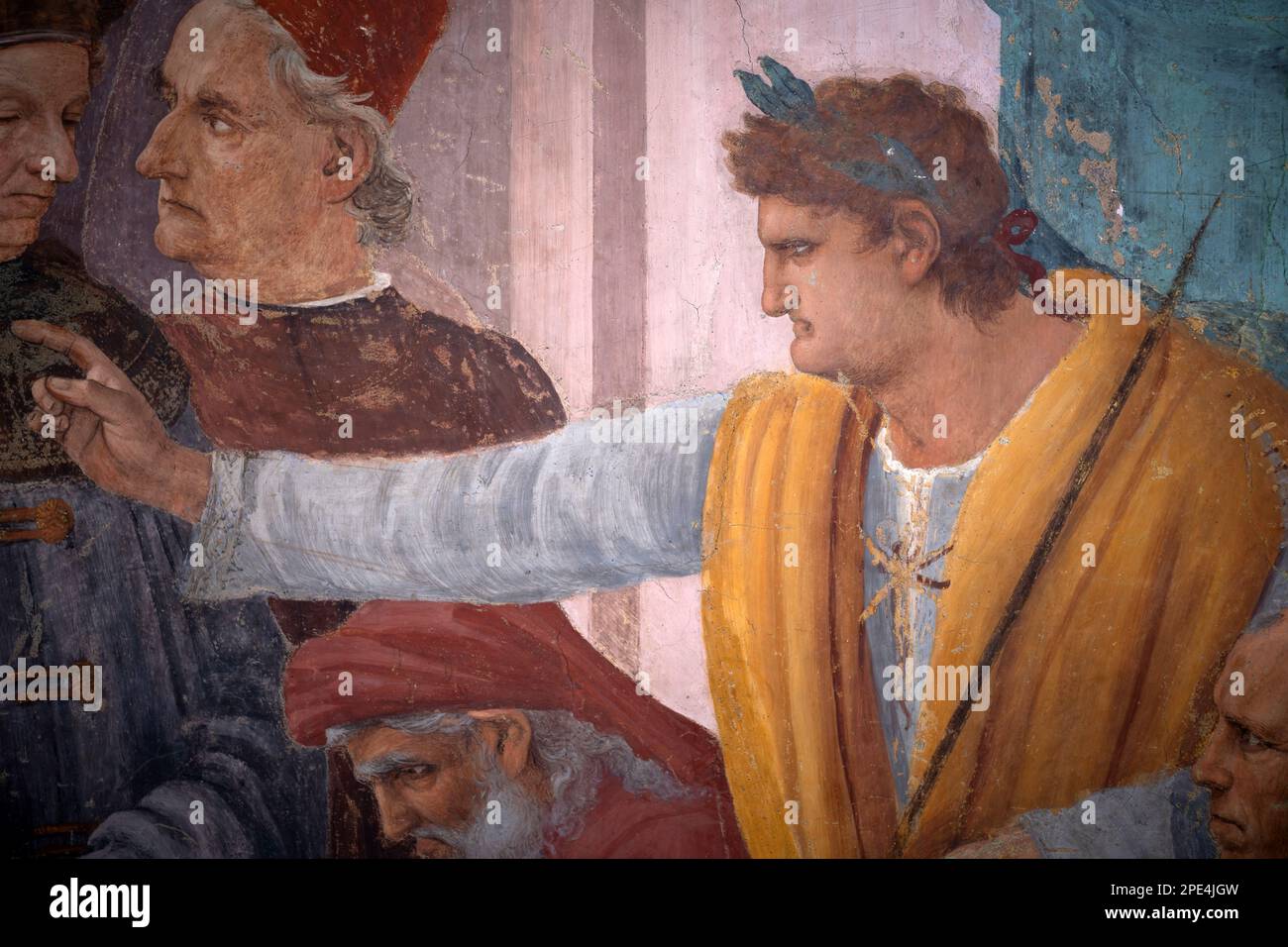 Restaurierungsarbeiten an den berühmten Fresken der Branacci-Kapelle in Florenz im Gange. Kleine, zeitlich begrenzte Führungen erlaubt inmitten des Gerüsts Stockfoto