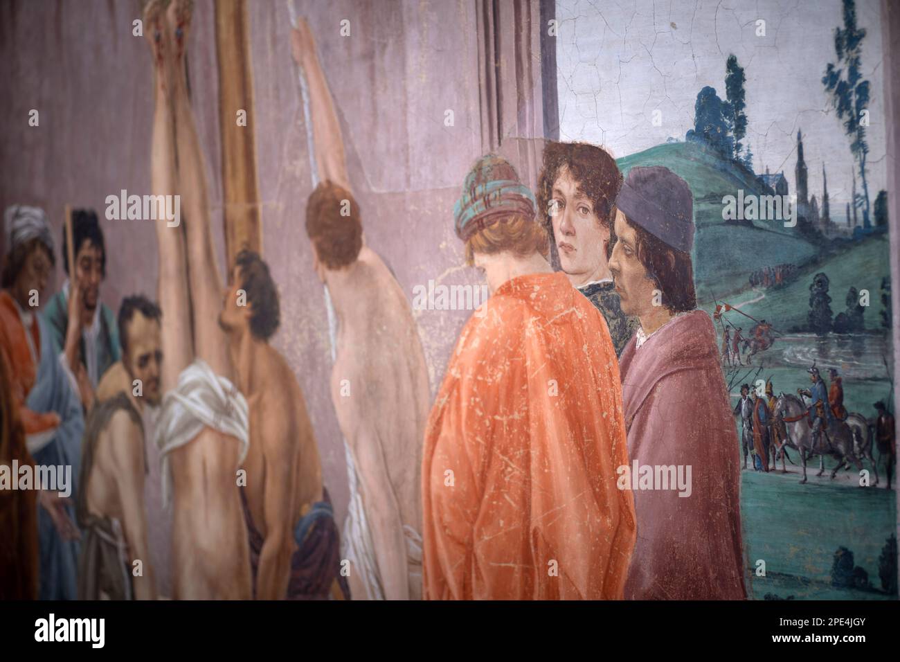 Restaurierungsarbeiten an den berühmten Fresken der Branacci-Kapelle in Florenz im Gange. Kleine, zeitlich begrenzte Führungen erlaubt inmitten des Gerüsts Stockfoto