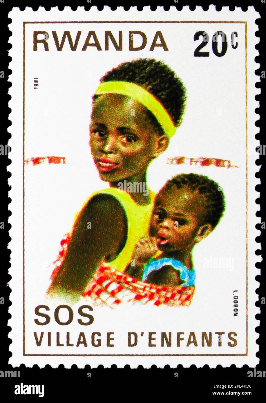 MOSKAU, RUSSLAND - 17. FEBRUAR 2023: Poststempel gedruckt in Ruanda zeigt die Serie Children, SOS - Children's Village, circa 1981 Stockfoto